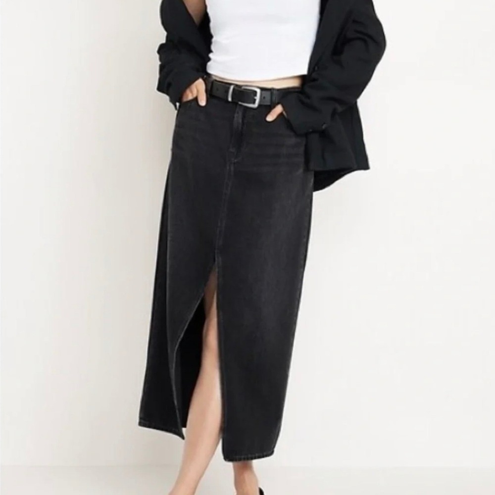 Old Navy Drapey Denim Slit Maxi Skirt Black Wash Mid-Rise Size 8 Y2K 90s Grunge